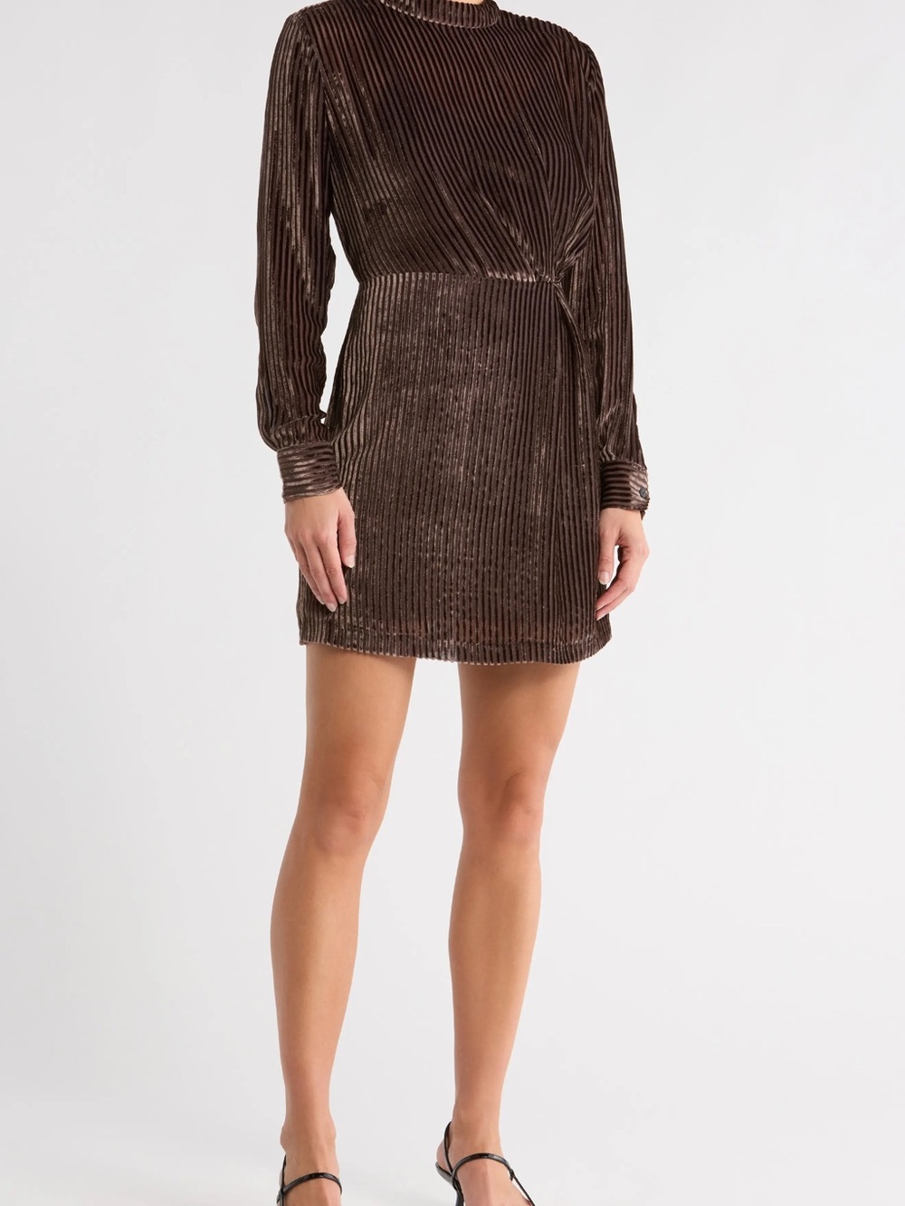 Rag & Bone Brown Velvet Pleated Long-Sleeve Mini Dress